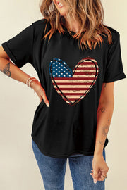 Black t-shirt with distressed Americana heart graphic and cuffed sleeves.