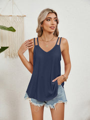 Dark blue eyelet overlay v-neck tank top with double straps