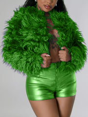 Faux Fur Open Front Cropped Outerwear in Red, view 20