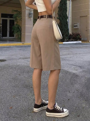 High-waisted Pleated Shorts in Khaki, back view