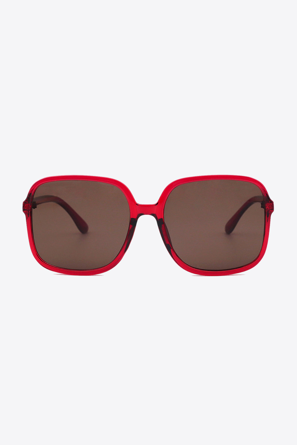 Red square frame sunglasses with brown lenses and bold acetate frames.