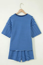 Blue striped cotton two-piece set with crew neck t-shirt and shorts.