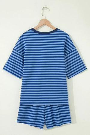 Blue striped cotton two-piece set with crew neck t-shirt and shorts.