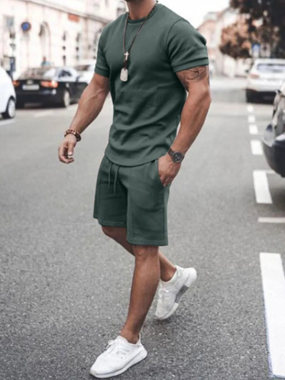 Men's Army Green Co-ord Set: Crew neck t-shirt and drawstring shorts.