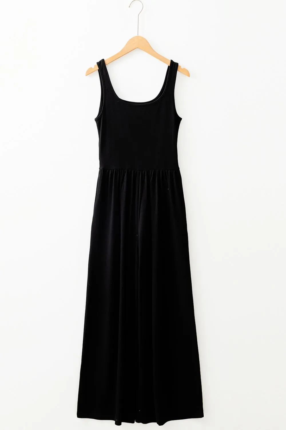 Black wide-leg jumpsuit with scoop neck and elastic waist