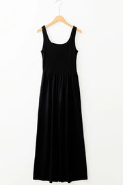 Black wide-leg jumpsuit with scoop neck and elastic waist
