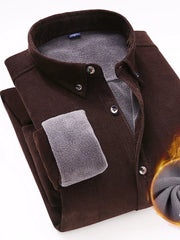Chocolate corduroy button-down shirt with plush gray lining and button details.