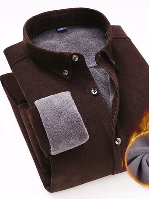 Chocolate corduroy button-down shirt with plush gray lining and button details.