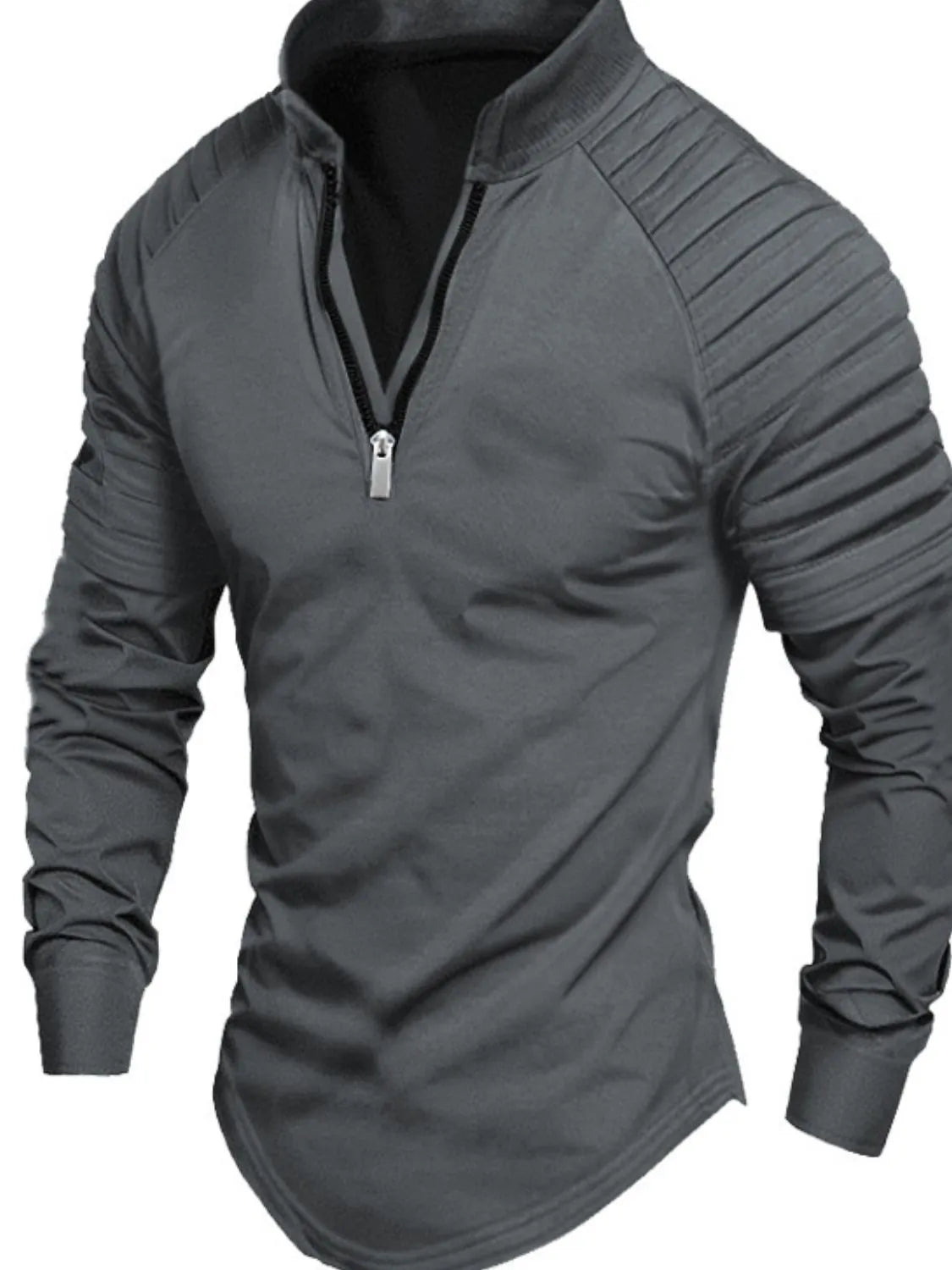 Dark Gray pullover shirt with zip neck and pleated sleeves