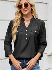 Black denim henley blouse with utility pockets and button front