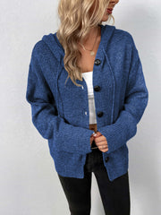 Button-front hooded knit cardigan in dark blue with black buttons and drawstring hood.