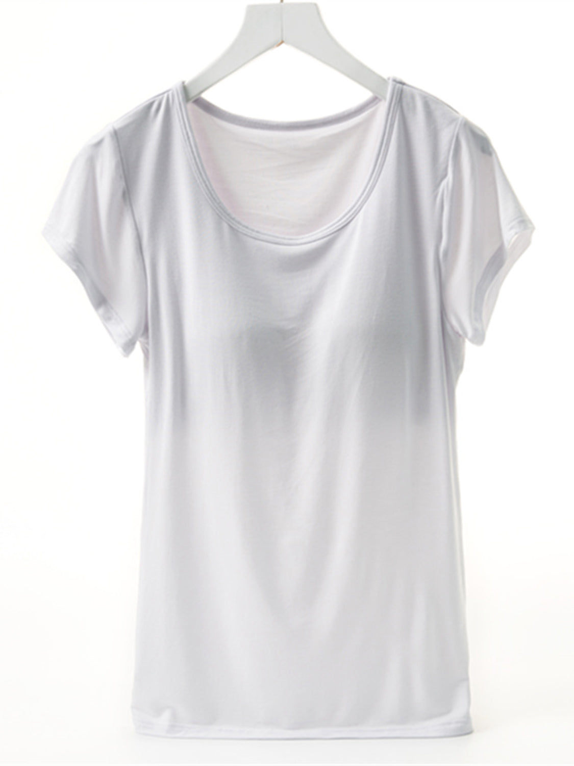 White t-shirt with built-in bralette, short sleeves, and scoop neckline.