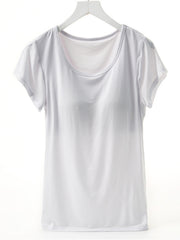 White t-shirt with built-in bralette, short sleeves, and scoop neckline.