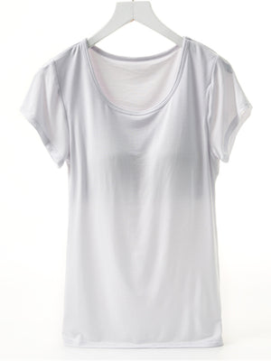 White t-shirt with built-in bralette, short sleeves, and scoop neckline.