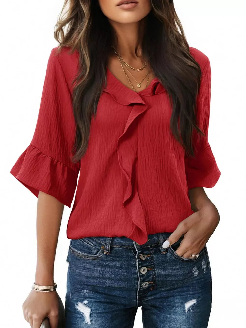 Red maternity shirt with cascading ruffles, V-neck, and 3/4 bell sleeves.