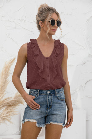 Brown textured ruffle front sleeveless blouse with button detail