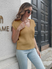 Khaki cable knit V-neck sleeveless sweater top with textured pattern