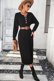 Black textured knit henley midi dress with button detail and long sleeves.