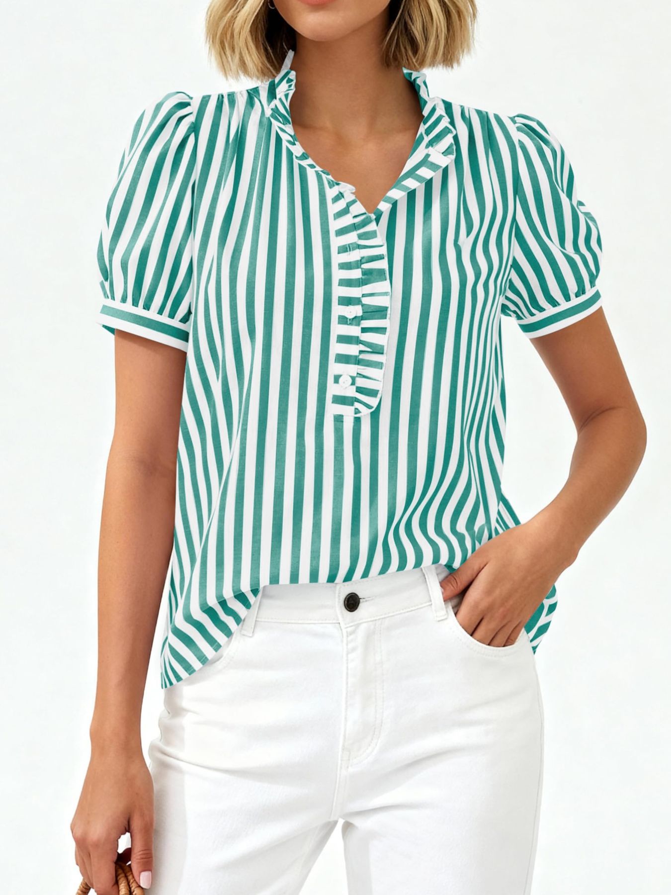 Ruffled puff sleeve blouse in green and white stripes with a button-down front and ruffled collar.