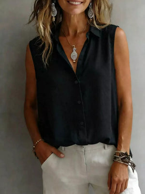 Black sleeveless button-up shirt with a collared neckline.