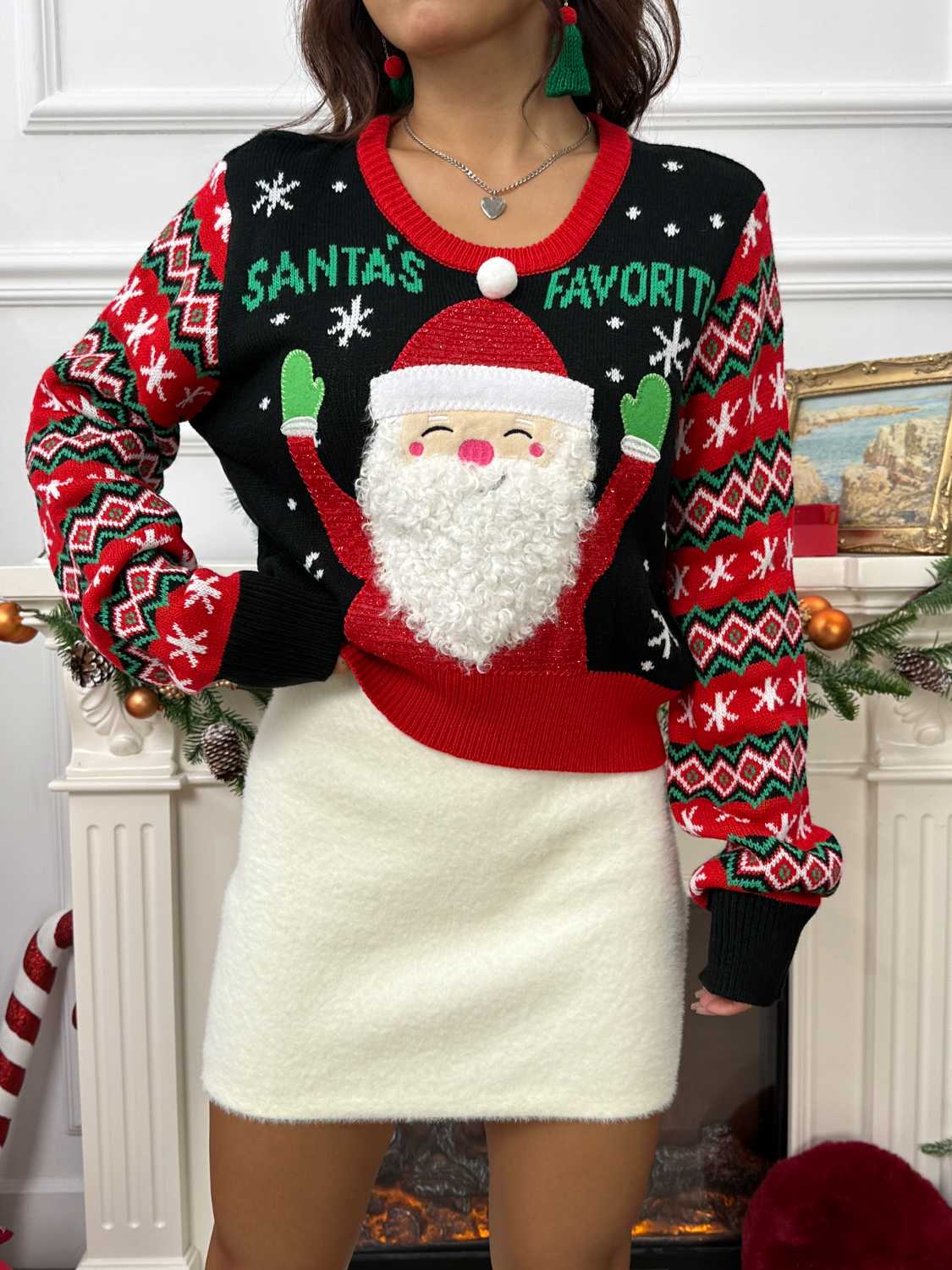 Multicolor graphic knit pullover sweater with Santa and holiday patterns.