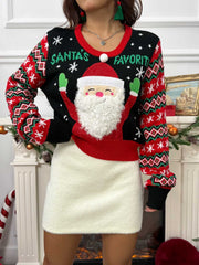 Multicolor graphic knit pullover sweater with Santa and holiday patterns.