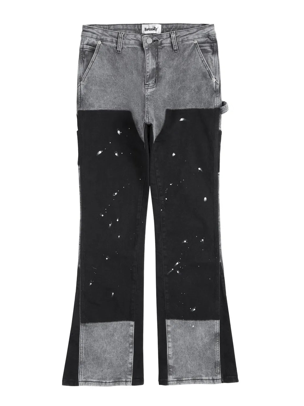 Split panel bootcut jeans in dark gray and black with paint splatter detail.
