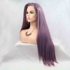Lavender luxe lace front wig with straight silhouette and long purple hair.