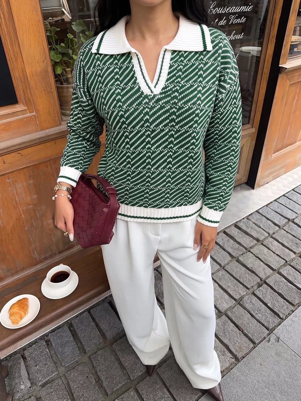 Geometric Patterned Collared Sweater in Green, side view