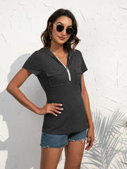 Dark Gray zip-front short sleeve hoodie tee with chest pockets and a drawstring hood.