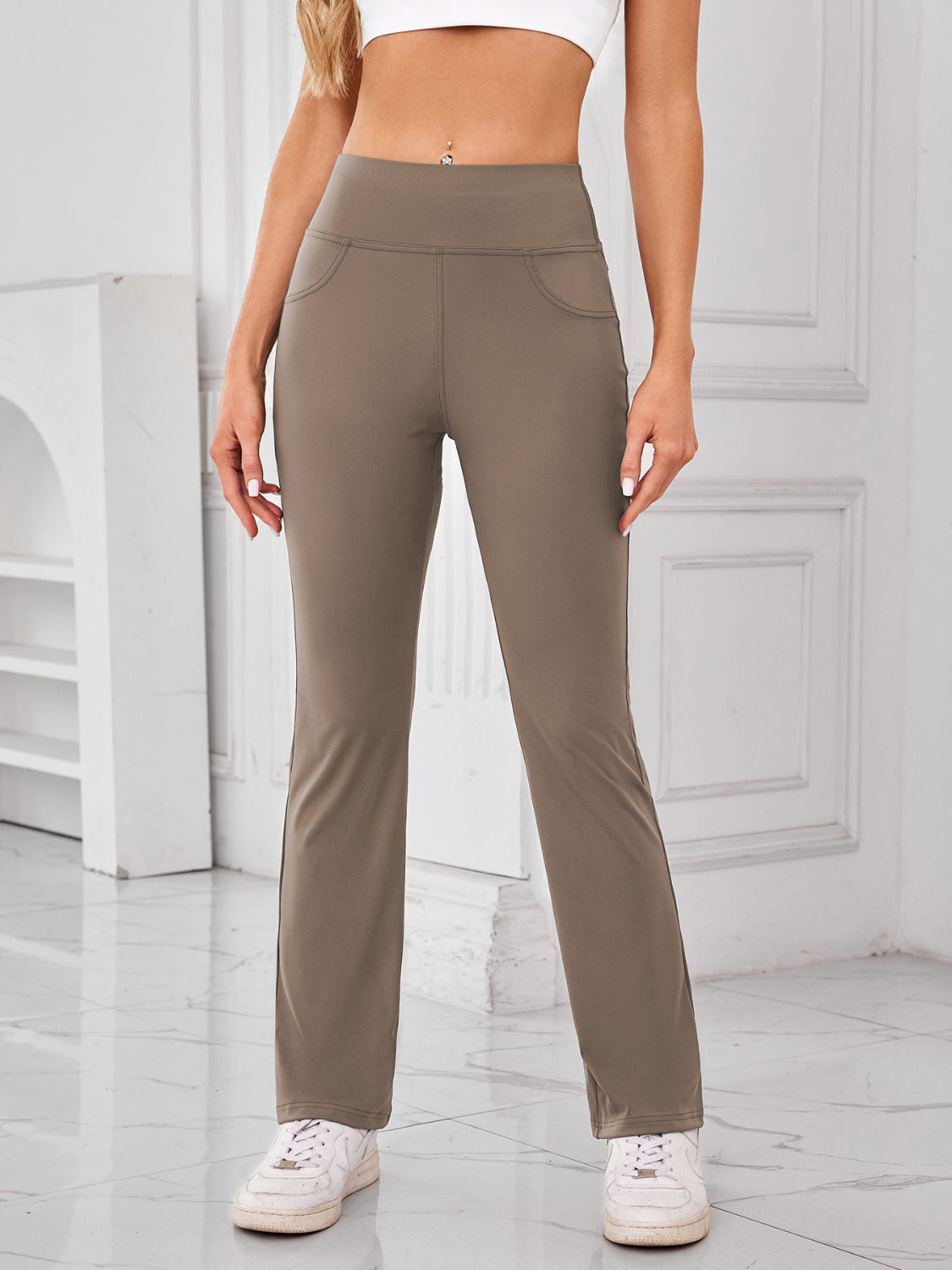 Flared leg activewear pants in camel with pocket detail