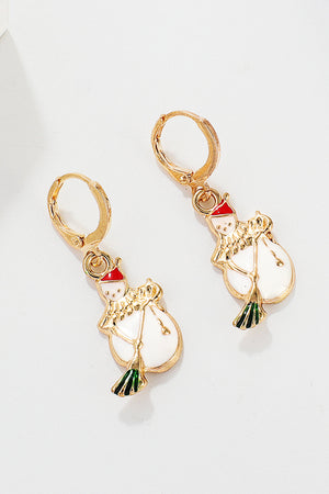 Festive Santa charm hoop earrings with white snowman and red hat, gold alloy.