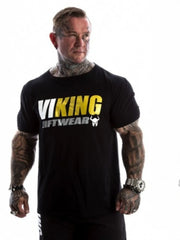 Black graphic t-shirt with white and yellow Viking Liftwear logo on front.