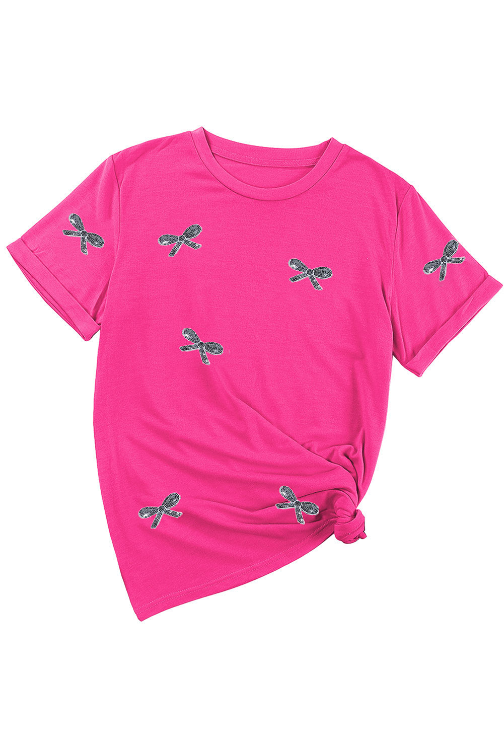 Hot pink t-shirt with embroidered bows and rolled sleeves, tied at the side.