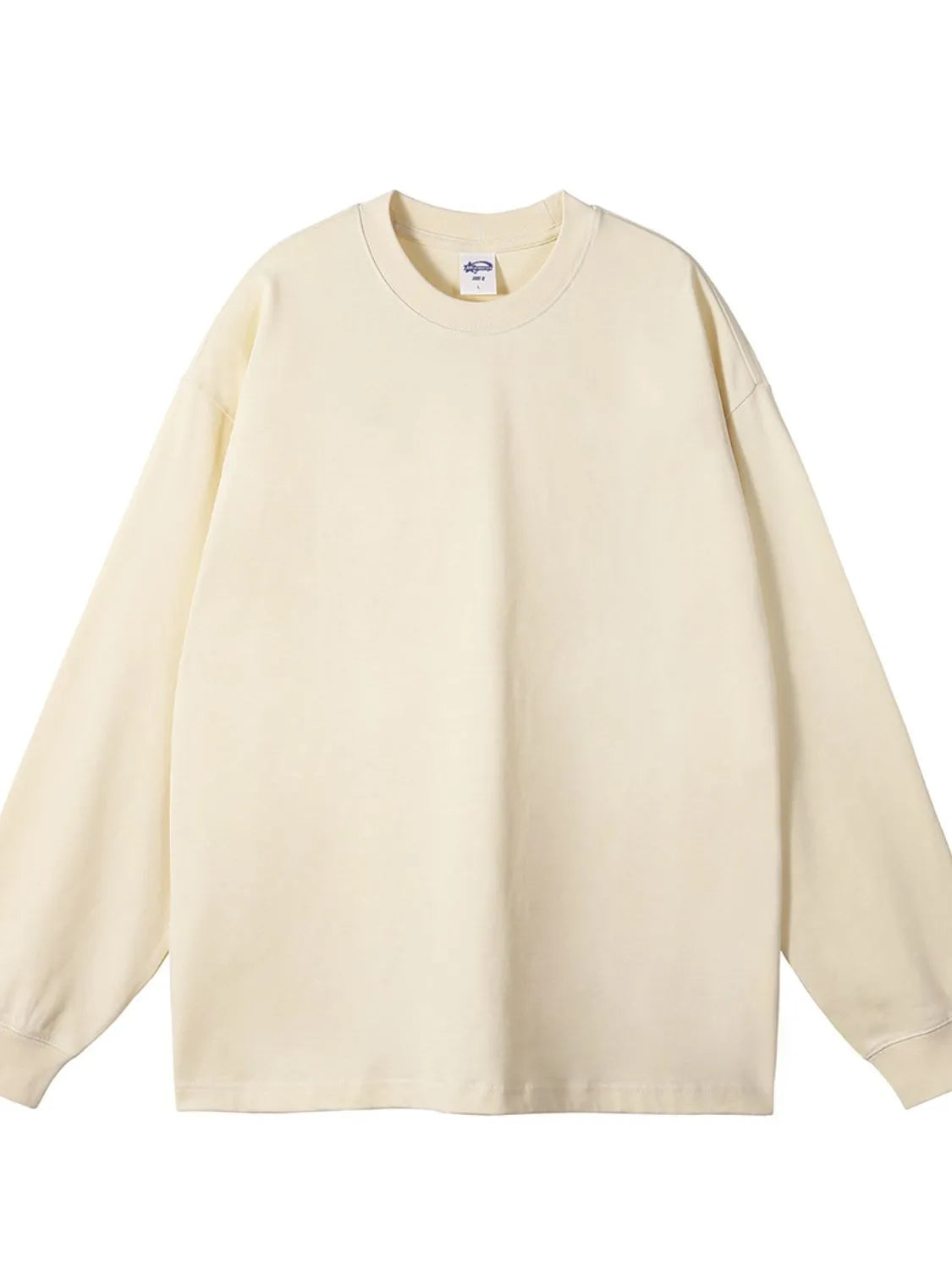 Oversized crewneck pullover in beige, 100% cotton, with drop shoulders and long sleeves.