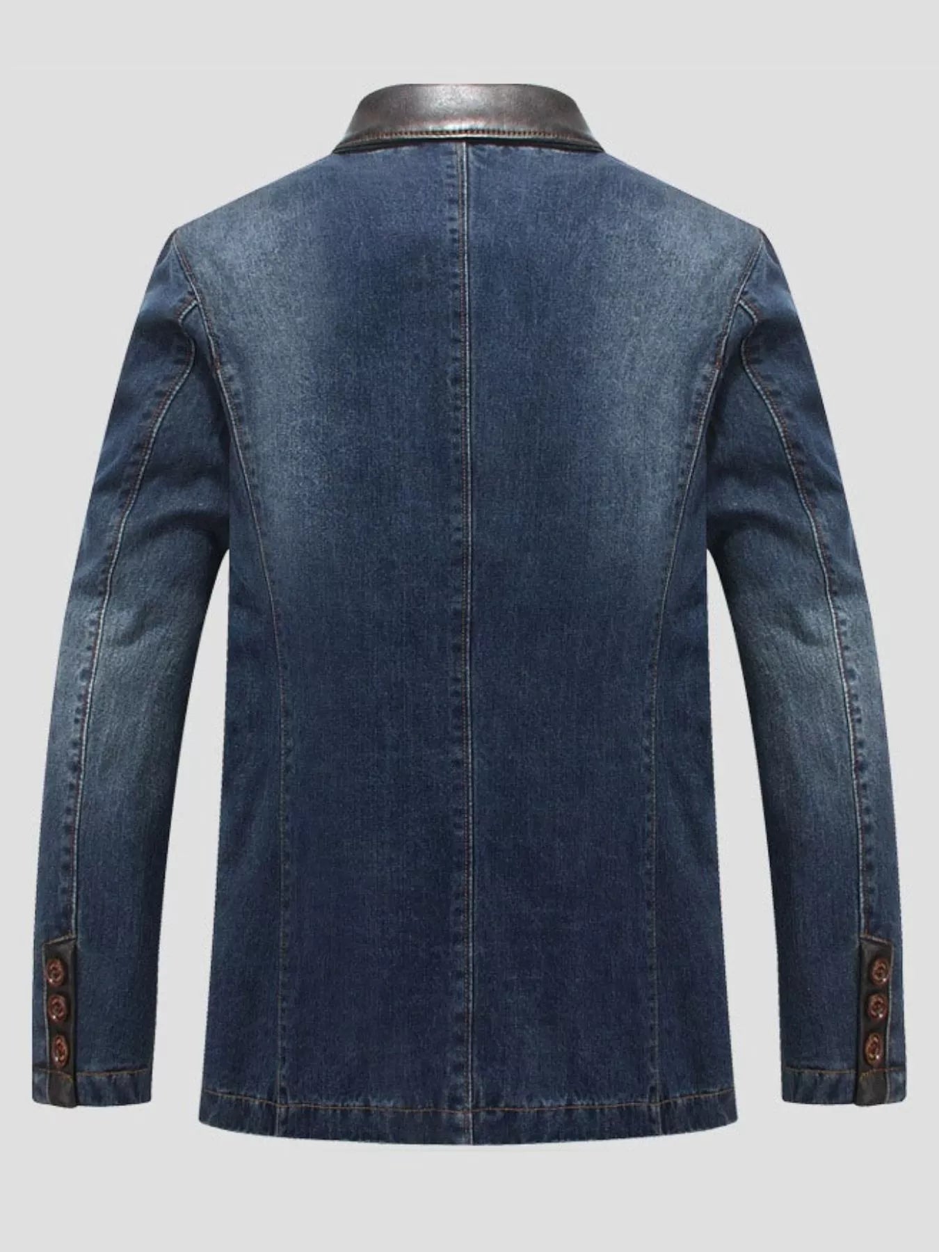 Men's denim blazer in blue with a leather collar and button cuffs.