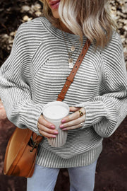Textured stripe batwing knit sweater in gray with crew neck and relaxed fit.