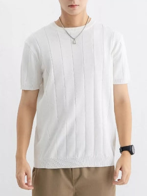 Men's white ribbed crew neck tee with vertical textured stripes.