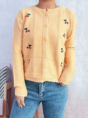 Yellow cherry embroidered button up cardigan with scalloped trim.