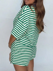 Green and white striped cotton boxy tee and shorts set with crew neck.