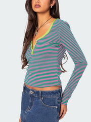 Striped Henley with contrast collar in Vivid Violet and green, buttoned neckline, long sleeves.