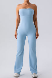 Light blue ribbed bandeau flare leg jumpsuit with a strapless neckline.