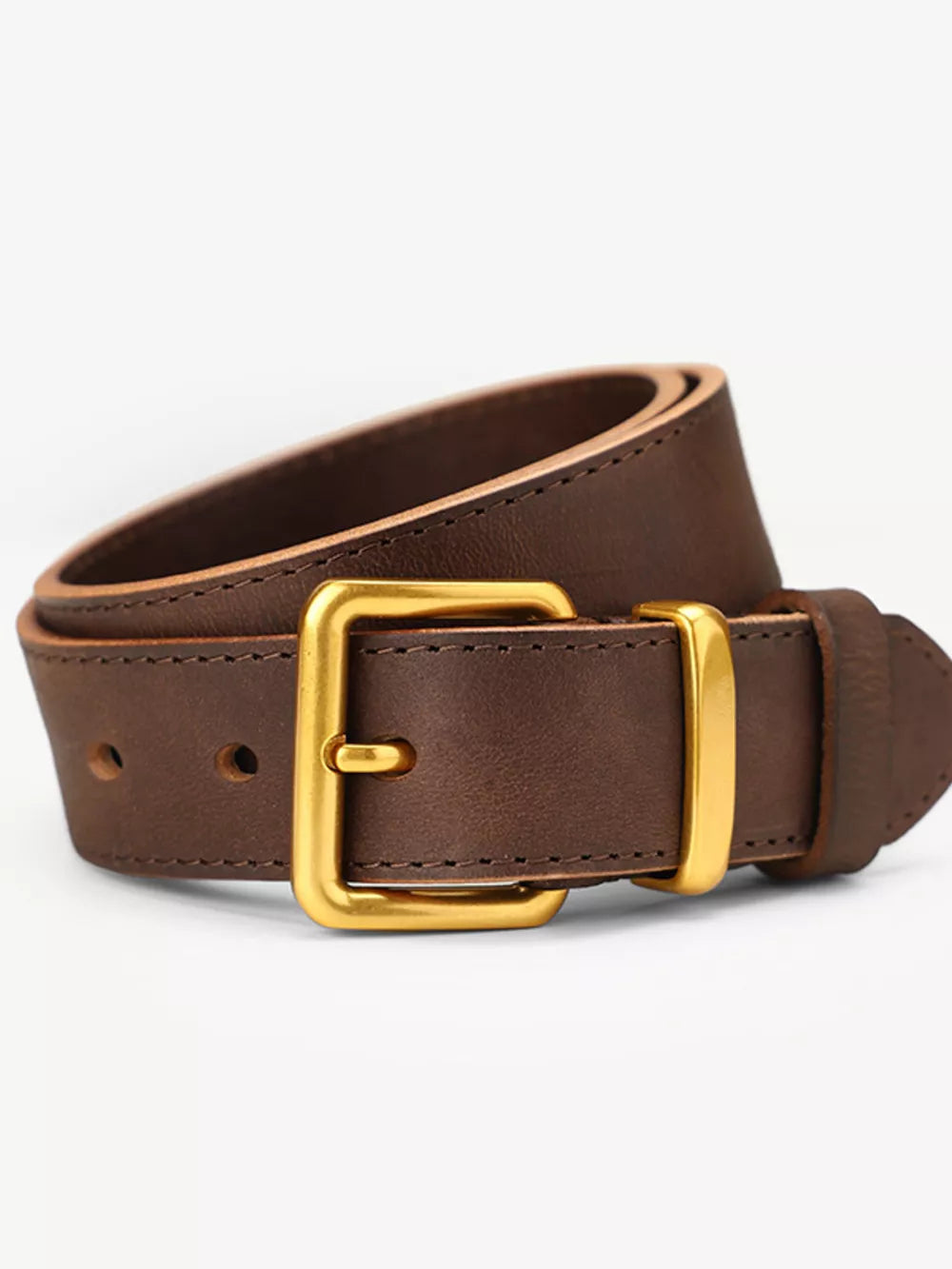Brown cowhide leather belt with gold buckle and accents
