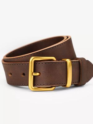 Brown cowhide leather belt with gold buckle and accents