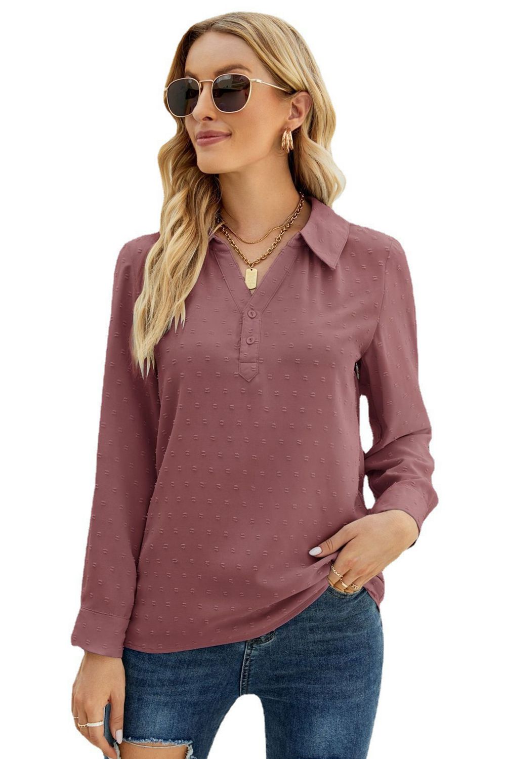 Textured collared blouse in dusty pink with button placket and long sleeves.