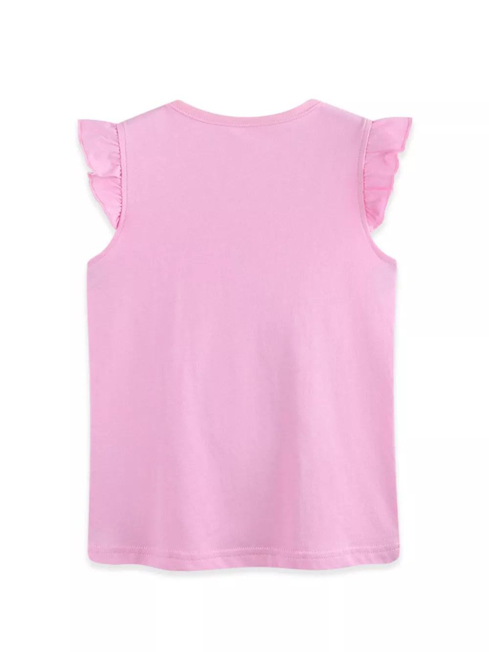 Pink cotton toddler t-shirt with cap sleeves and ruffled shoulders.