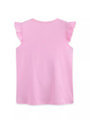Pink cotton toddler t-shirt with cap sleeves and ruffled shoulders.