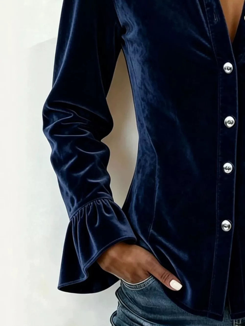 Velvet Button Up Flare Sleeve Shirt Plus Size in Burgundy, editorial view