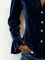 Velvet Button Up Flare Sleeve Shirt Plus Size in Burgundy, editorial view
