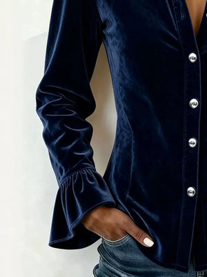 Velvet Button Up Flare Sleeve Shirt Plus Size in Burgundy, editorial view